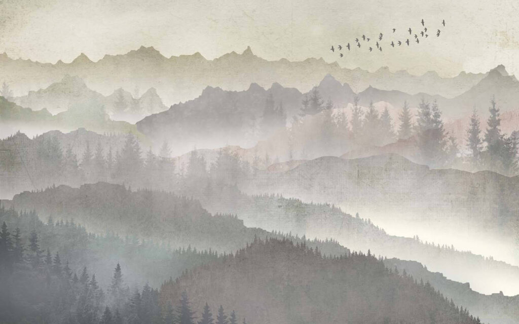 Colinas entre la niebla — diseño completo