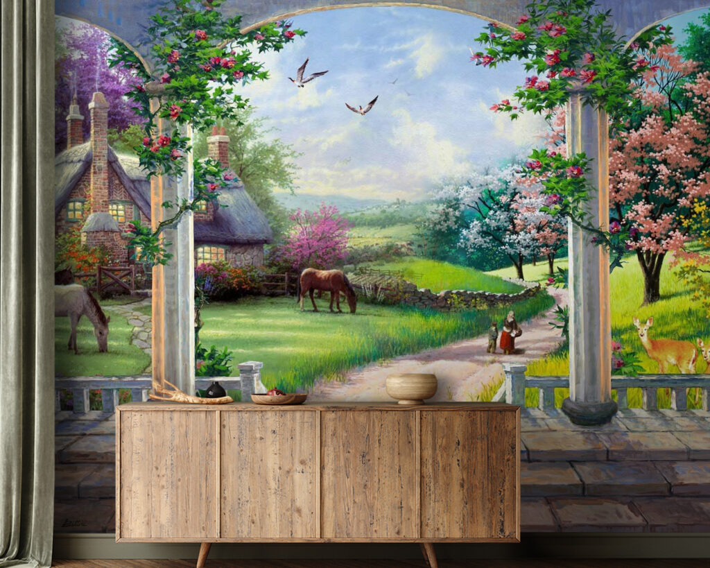 Terraza florida con caballos — interior 1