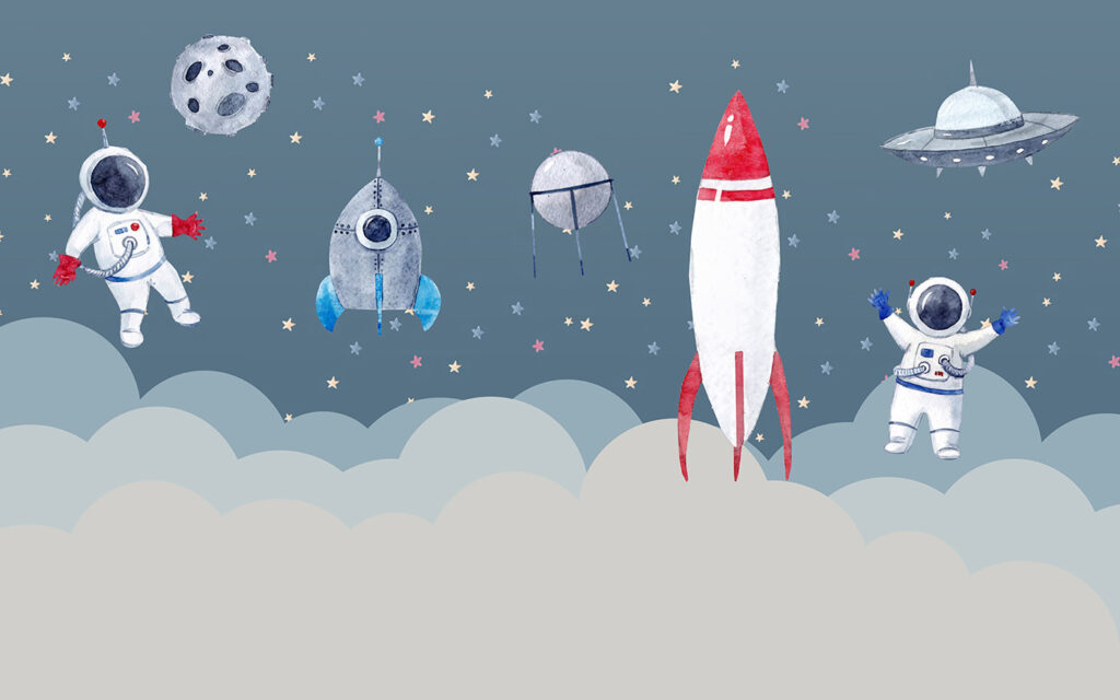 Cohete sobre nubes suaves — diseño completo