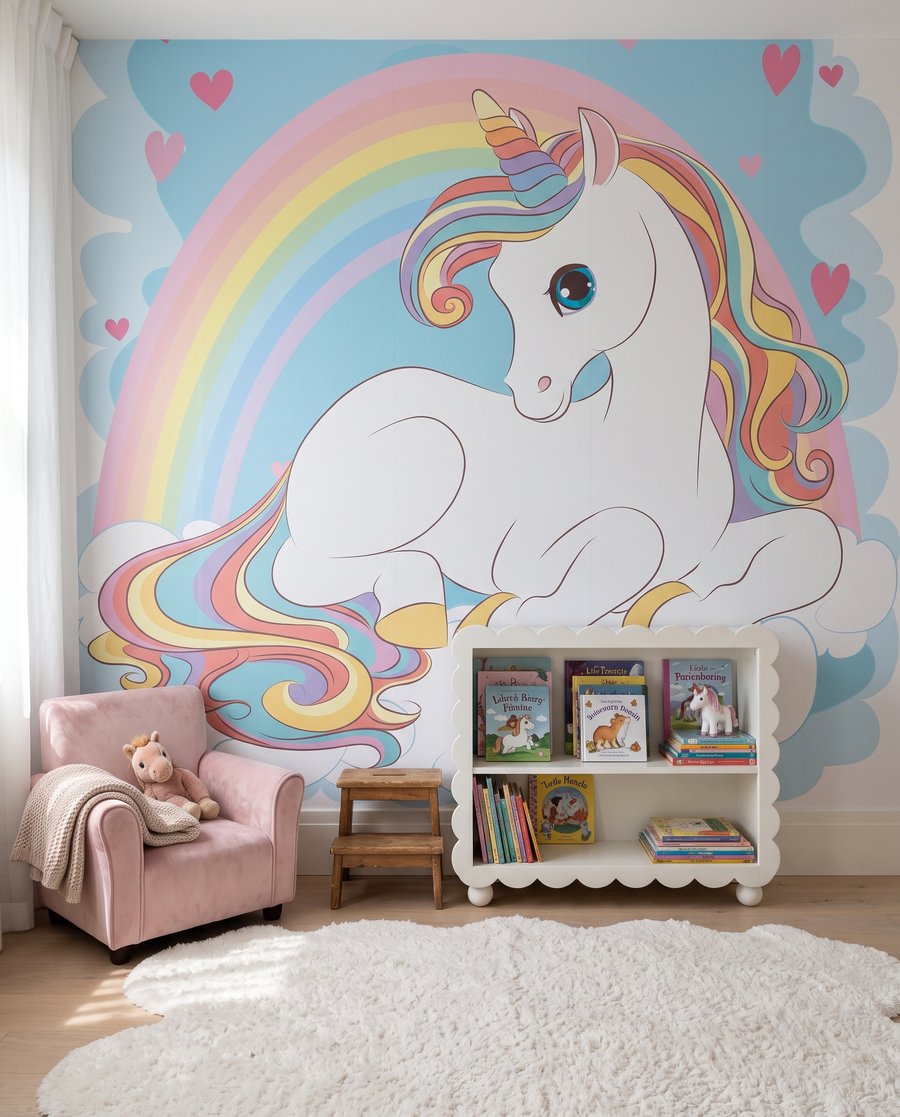 Unicornio bajo el arcoíris en un interior