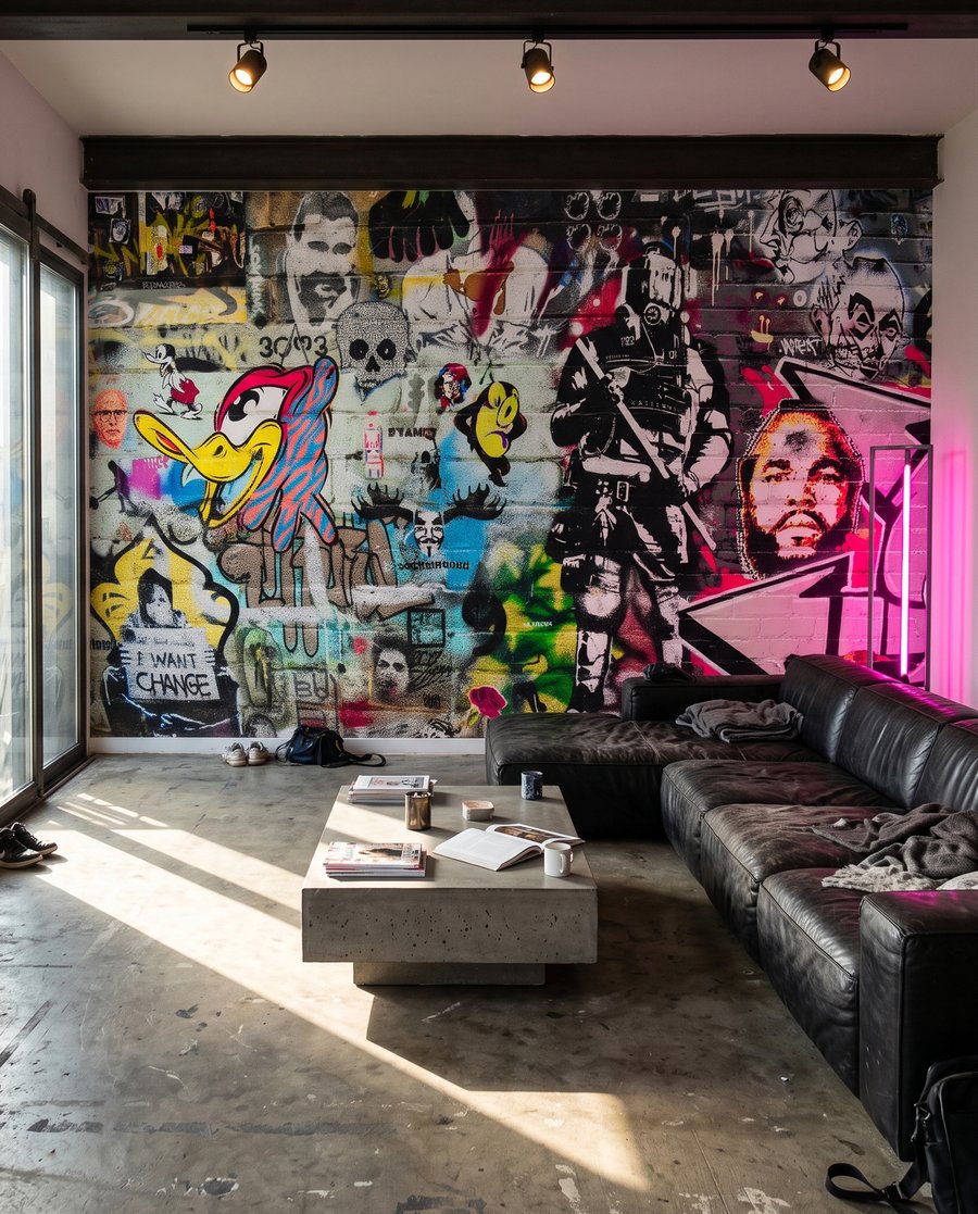 Collage de rostros urbanos en un interior