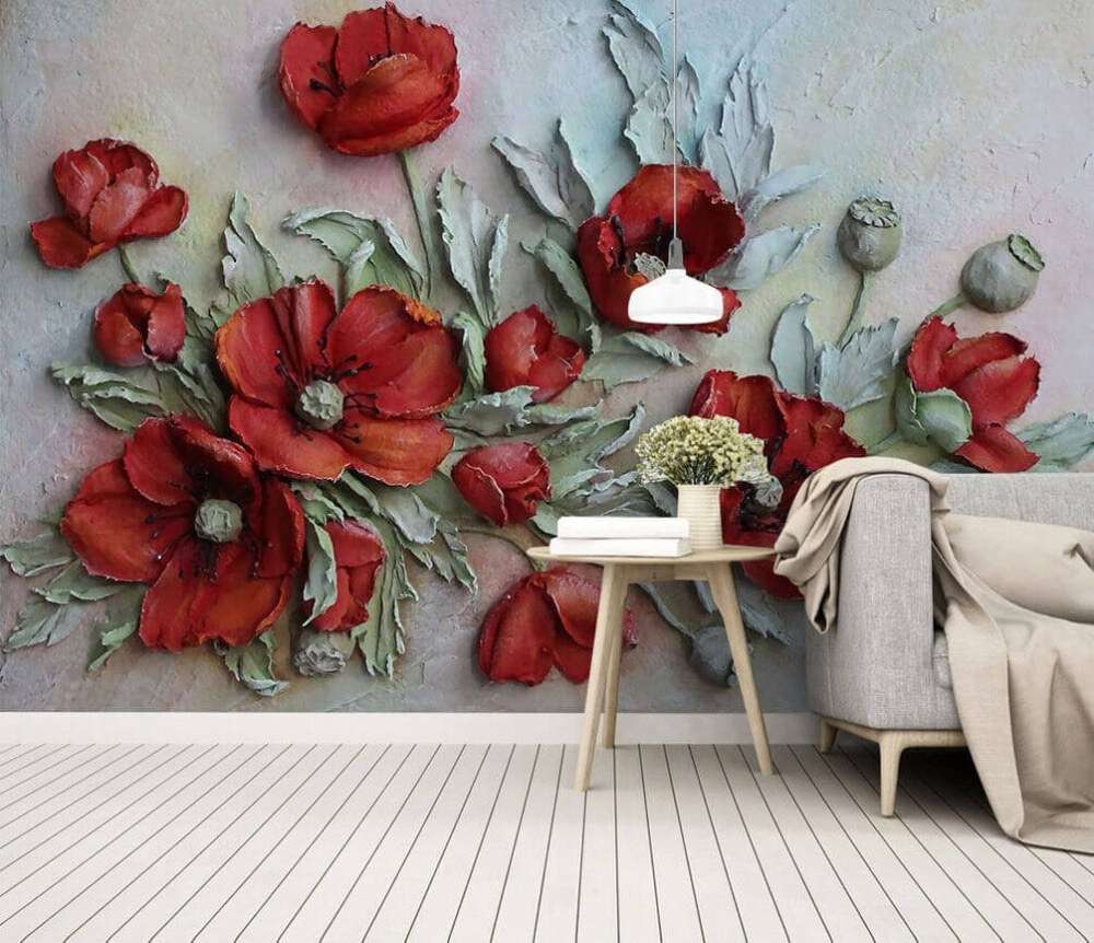 Amapolas rojas en pintura en un interior