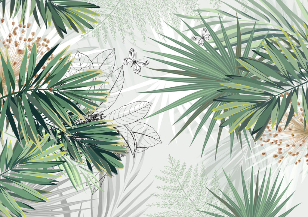 Palmas entre líneas claras — diseño completo