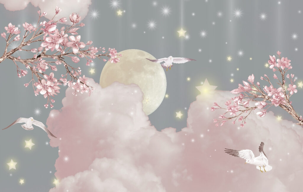 Aves sobre nubes rosas — diseño completo