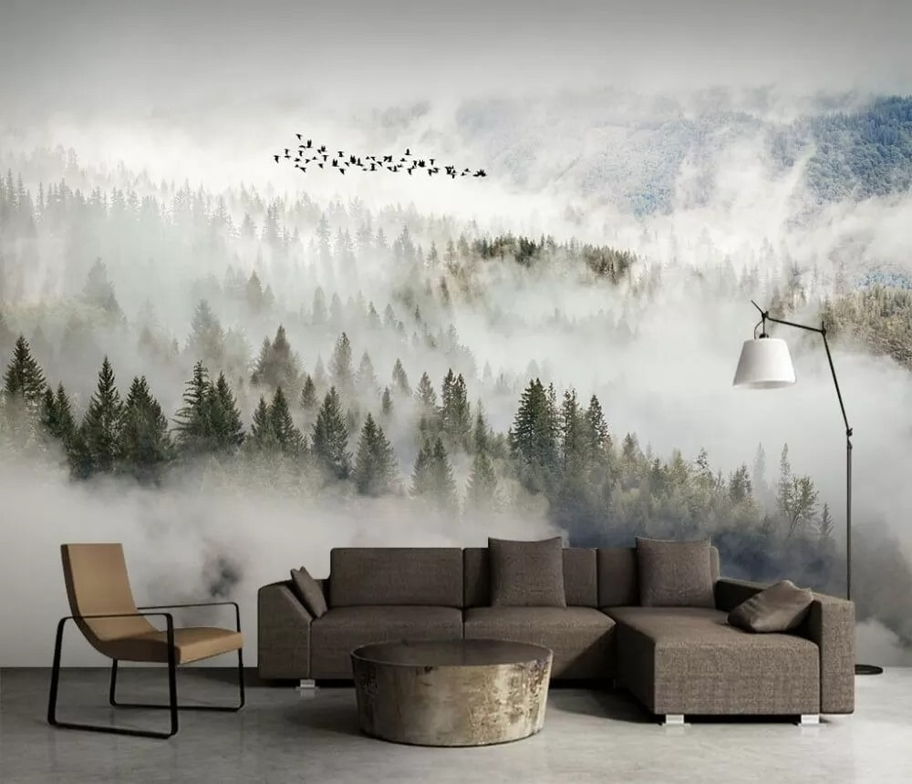 Aves sobre la niebla en un interior