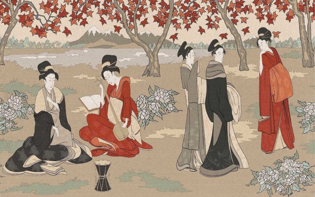 Mujeres bajo árboles rojos — diseño completo