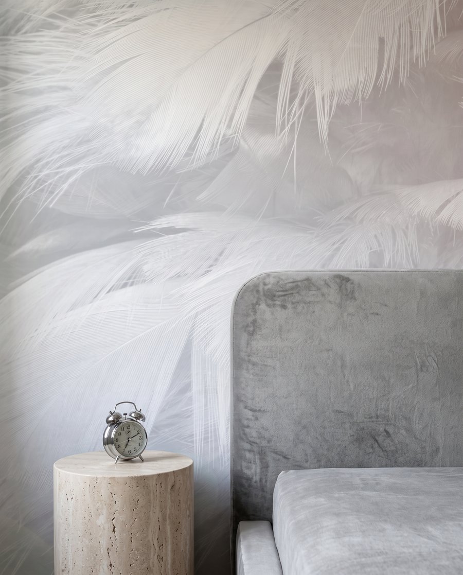 Plumas en bruma rosa — detalle