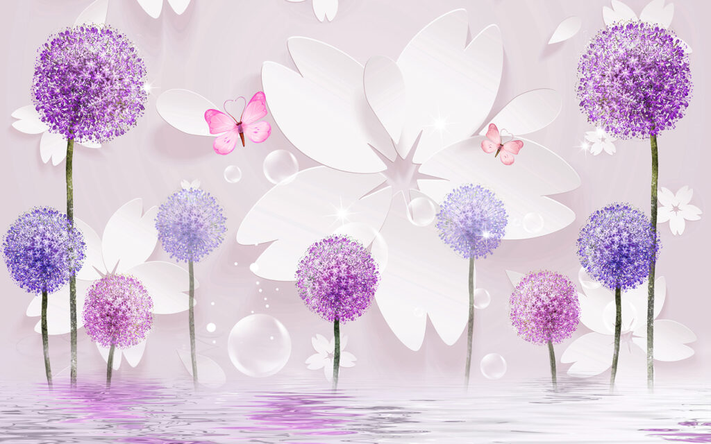 Flores redondas y mariposas — diseño completo