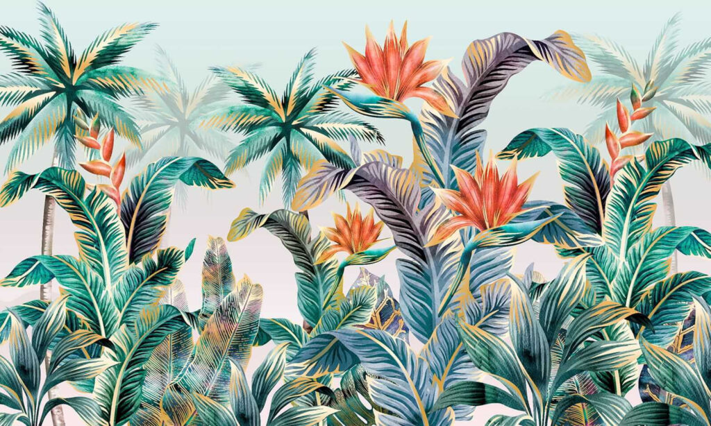 Hojas tropicales y flores — diseño completo