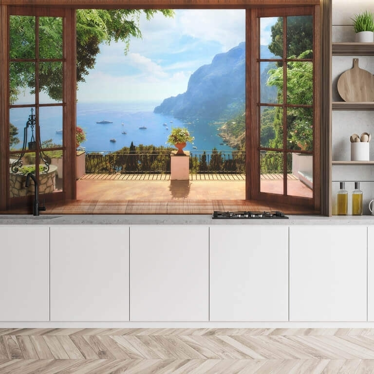 Puerta abierta al lago en un interior