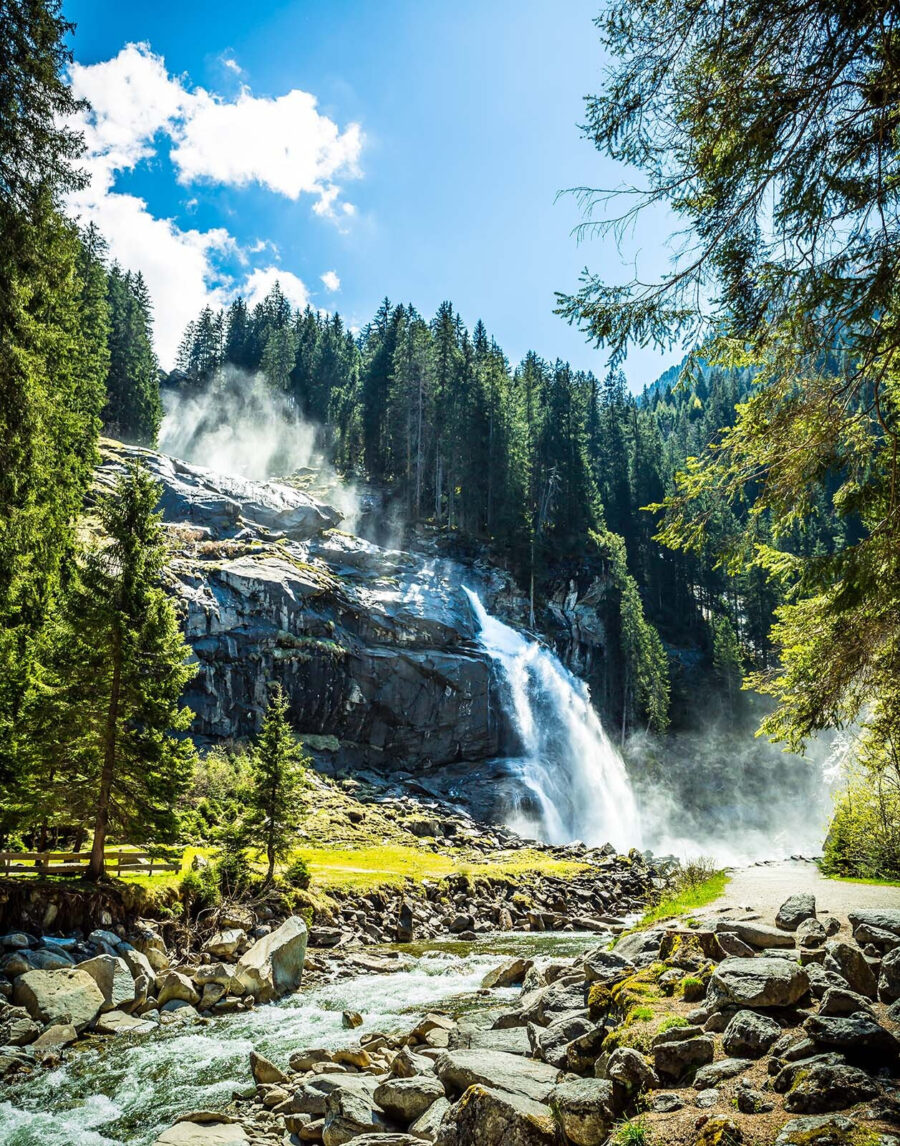 Cascada entre pinos soleados — diseño completo