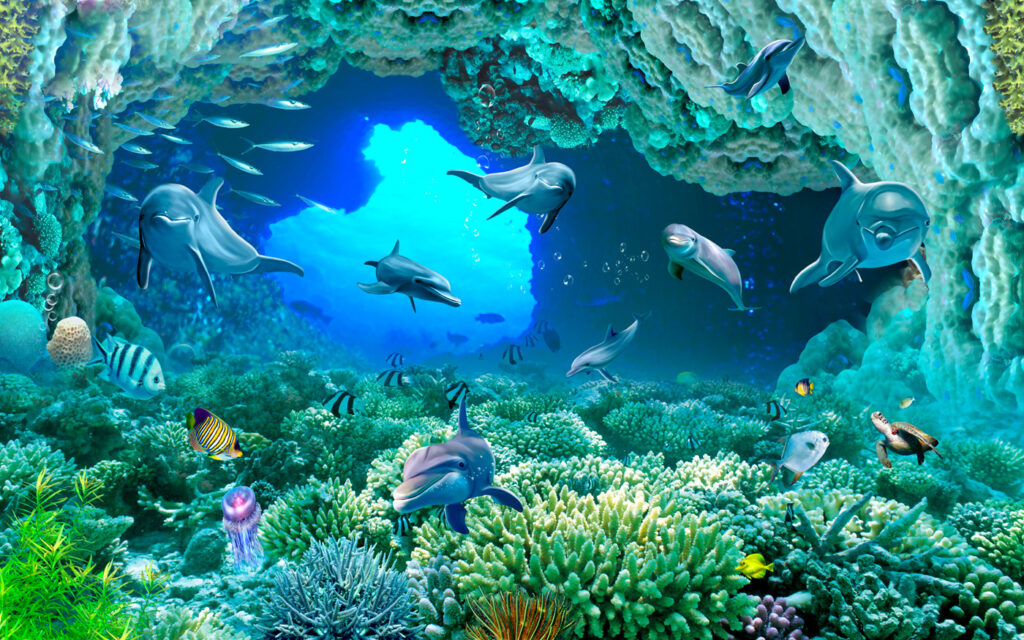 Delfines bajo el coral — diseño completo