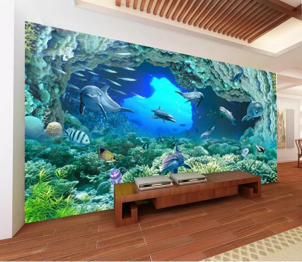 Delfines bajo el coral en un interior