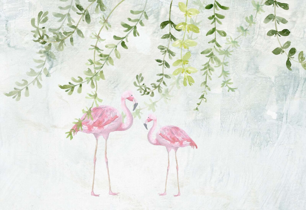 Flamencos bajo ramas colgantes — diseño completo