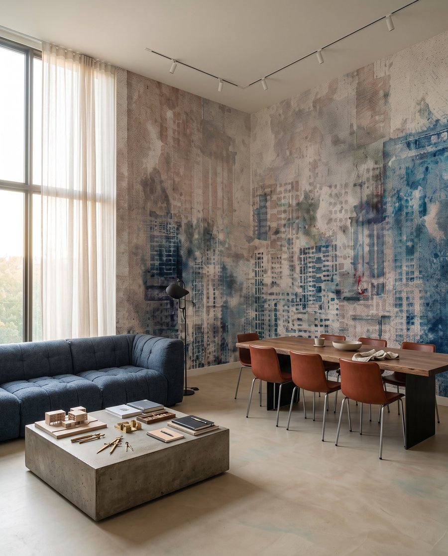 Perfil urbano en gris en un interior