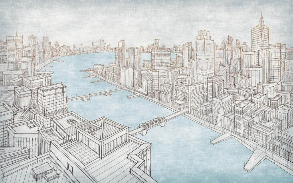 Ciudad junto al río — diseño completo