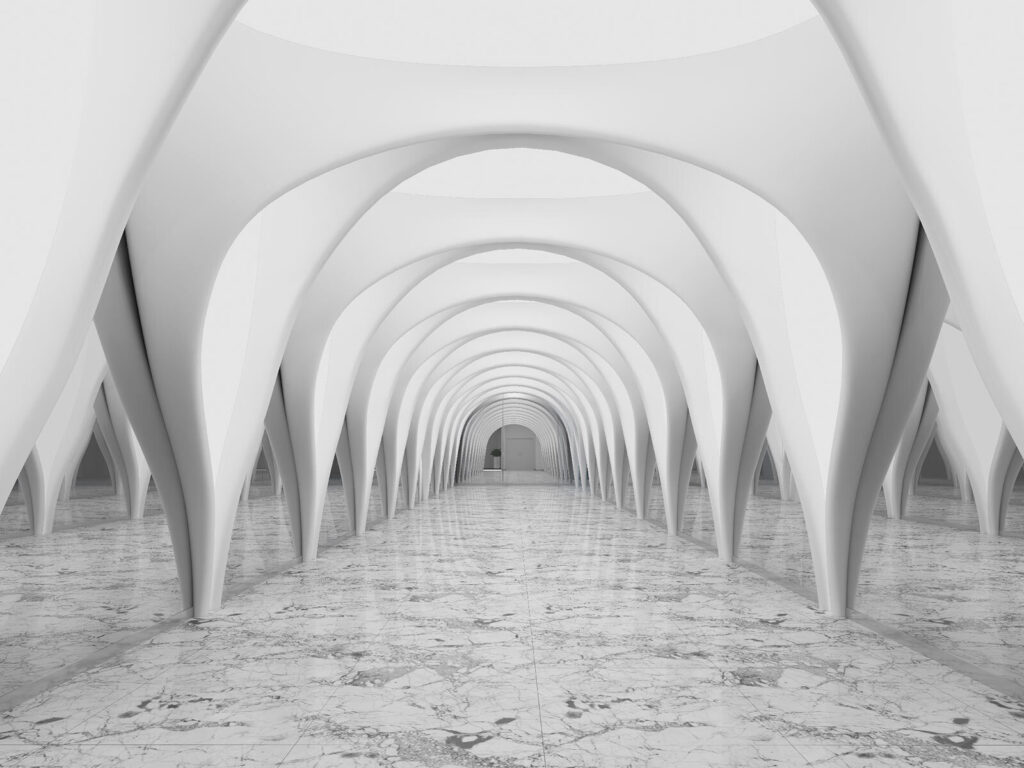 Arcos blancos en pasillo — diseño completo