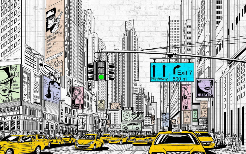 Taxis amarillos entre trazos — diseño completo