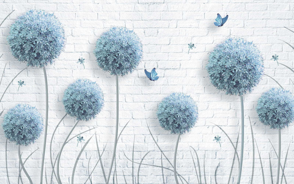 Flores azules sobre ladrillo — diseño completo