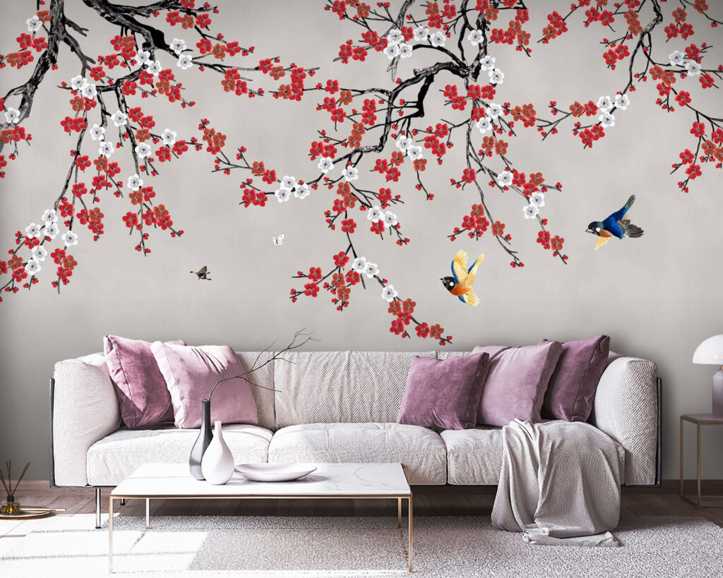 Pájaros entre flores rojas — interior 1