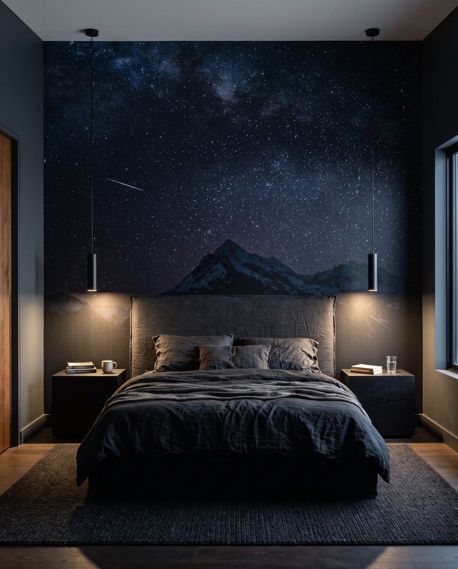 Estrellas sobre cumbres oscuras en un interior