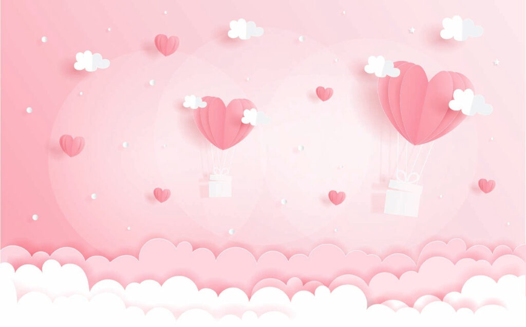 Globos corazón entre nubes — diseño completo