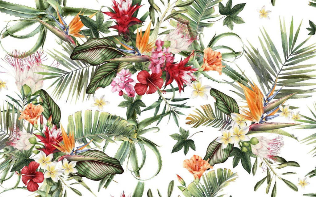Jardín tropical sobre blanco — diseño completo