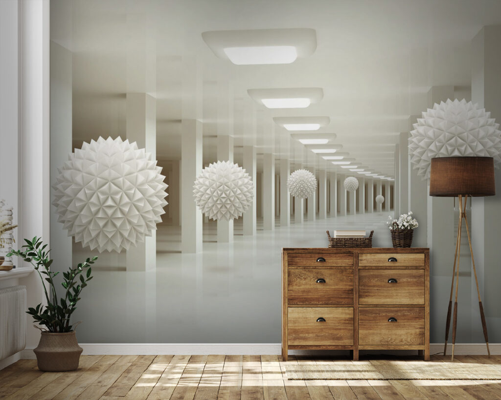 Esferas en pasillos blancos — interior 4