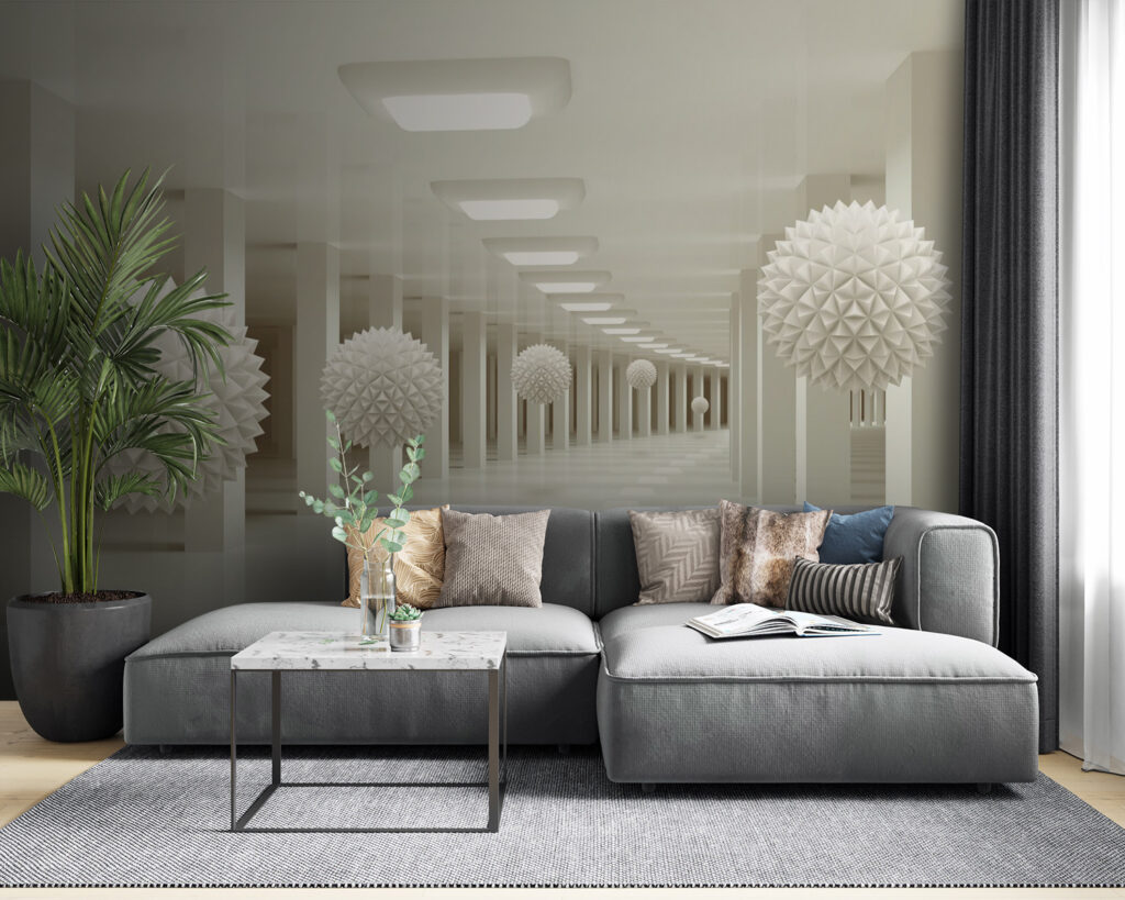 Esferas en pasillos blancos — interior 5