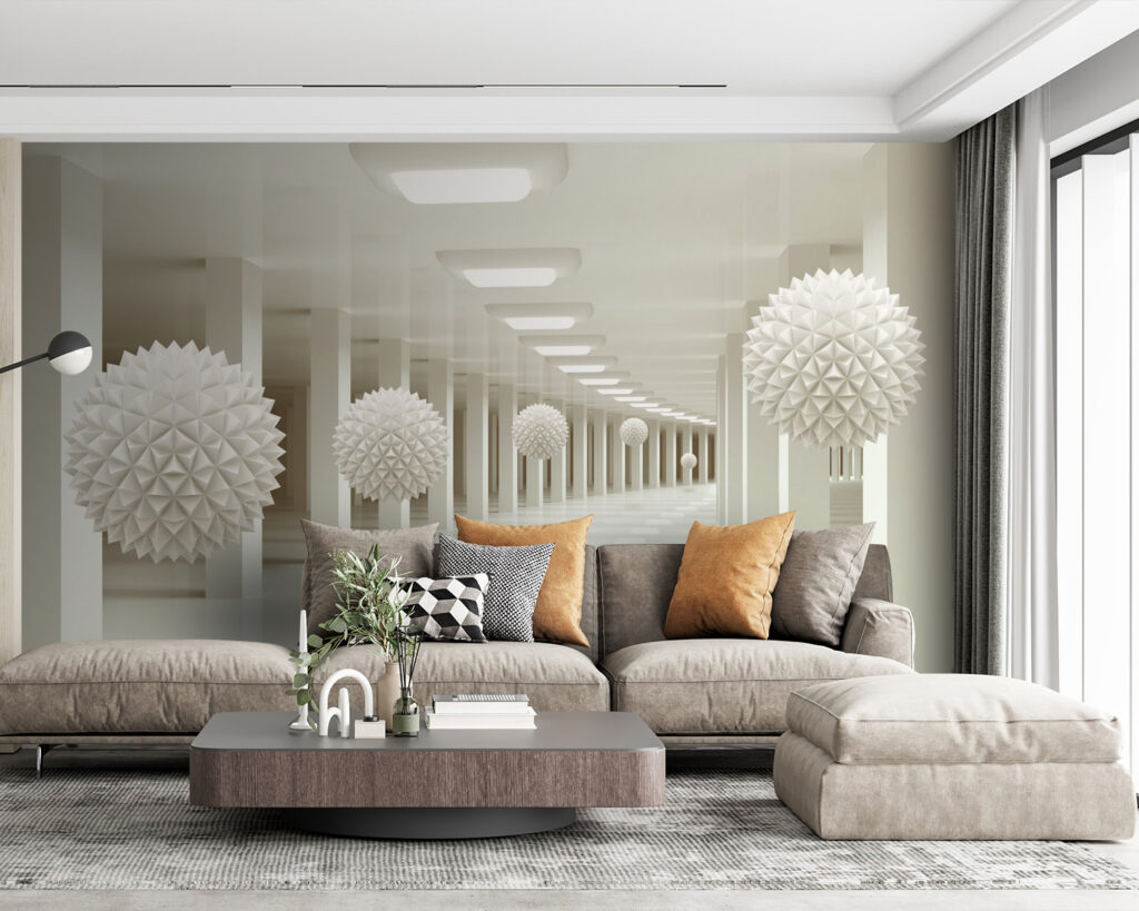 Esferas en pasillos blancos en un interior