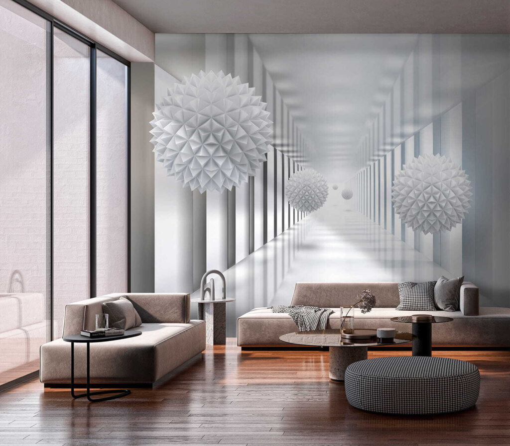 Esferas facetadas en pasillo — interior 8