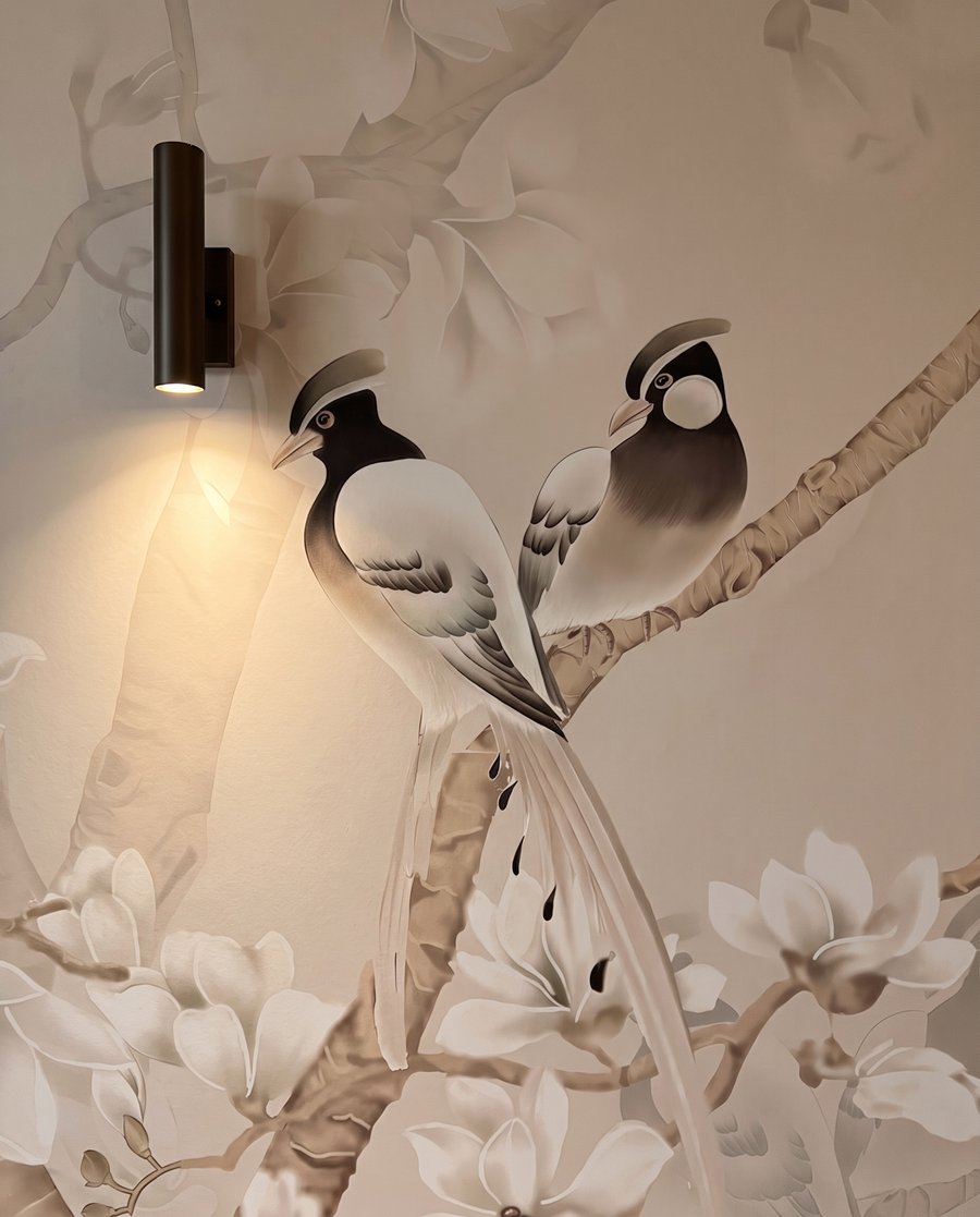 Pájaros en rama blanca — detalle