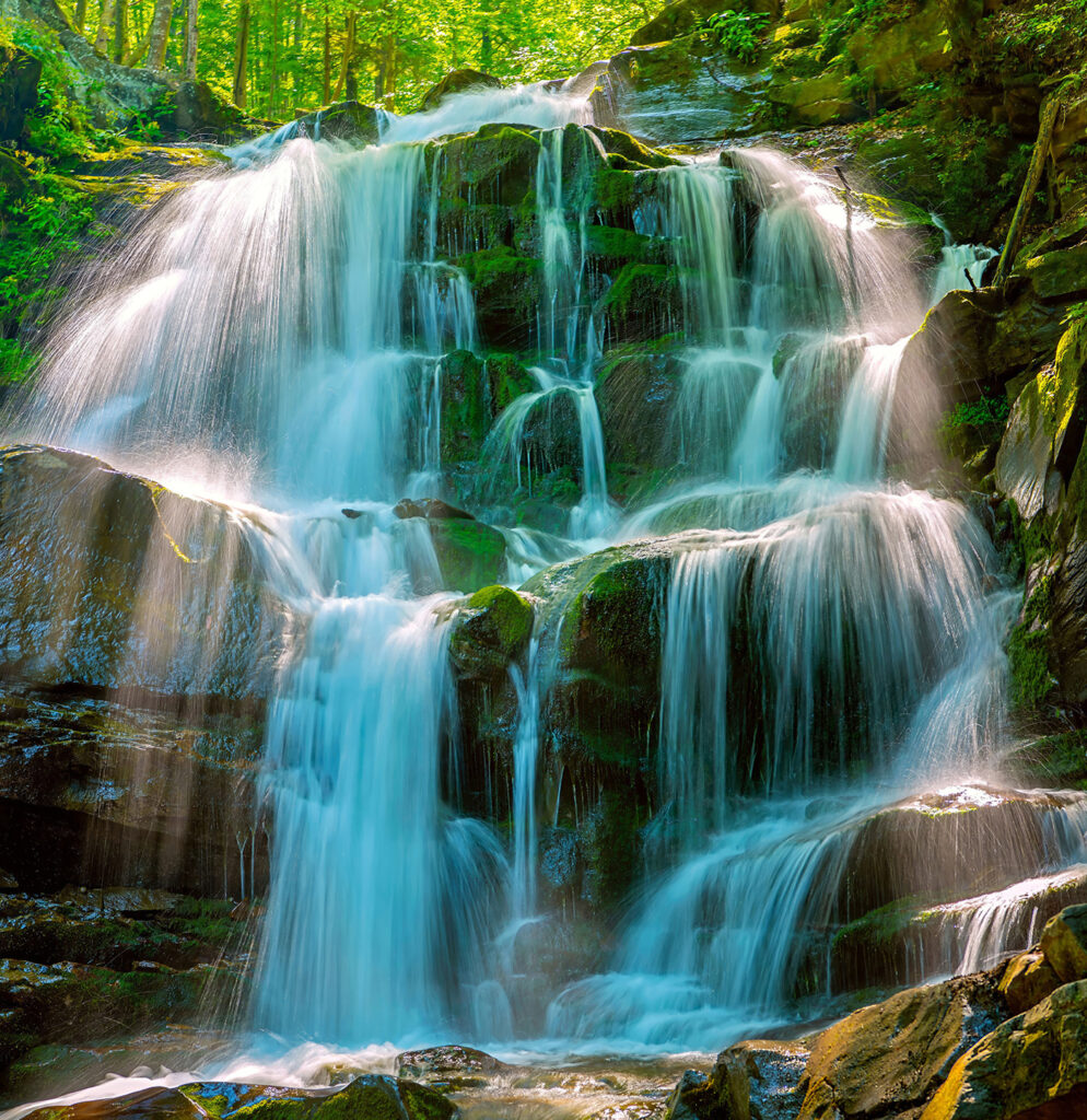 Cascadas sobre rocas musgosas — diseño completo