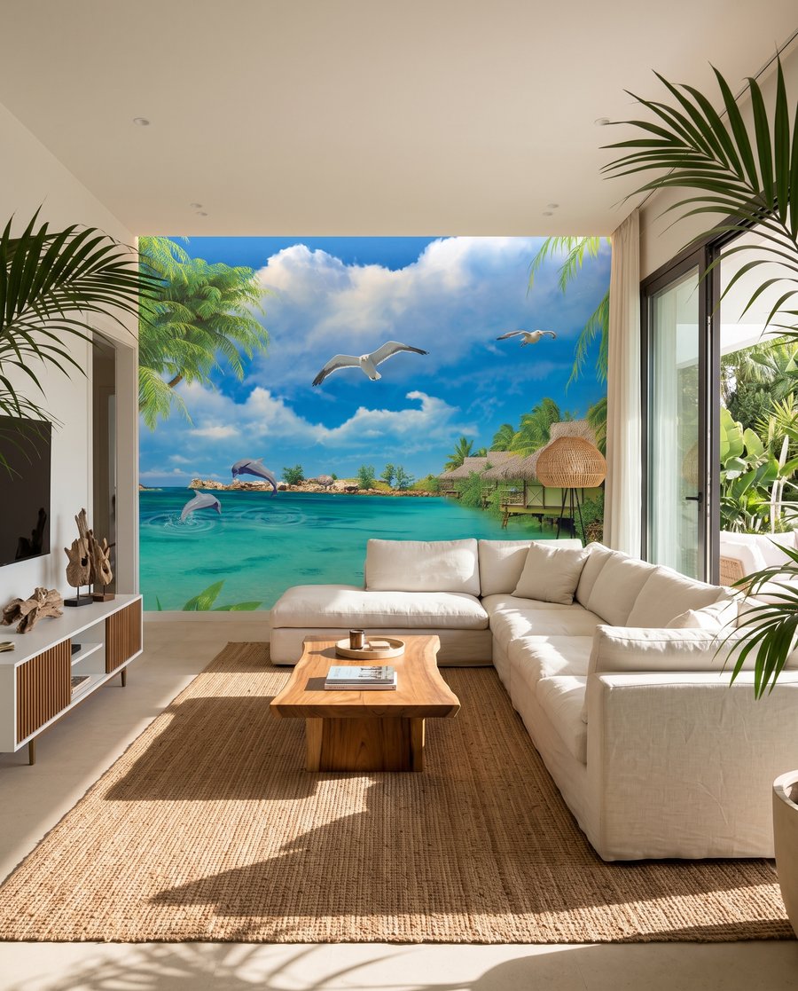 Bahía tropical azul en un interior