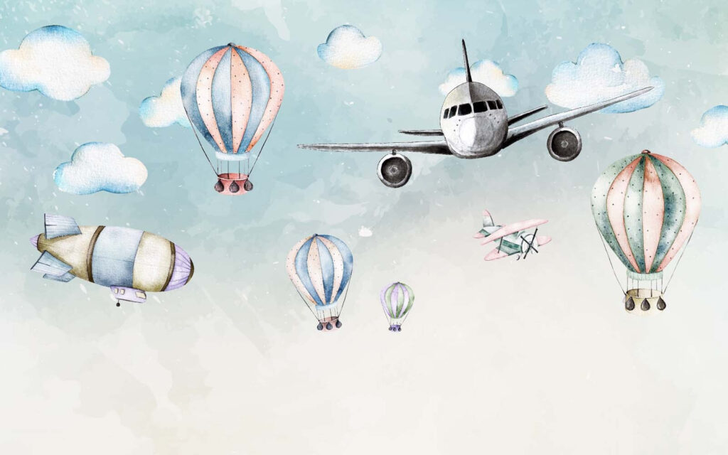 Avión entre globos pastel — diseño completo