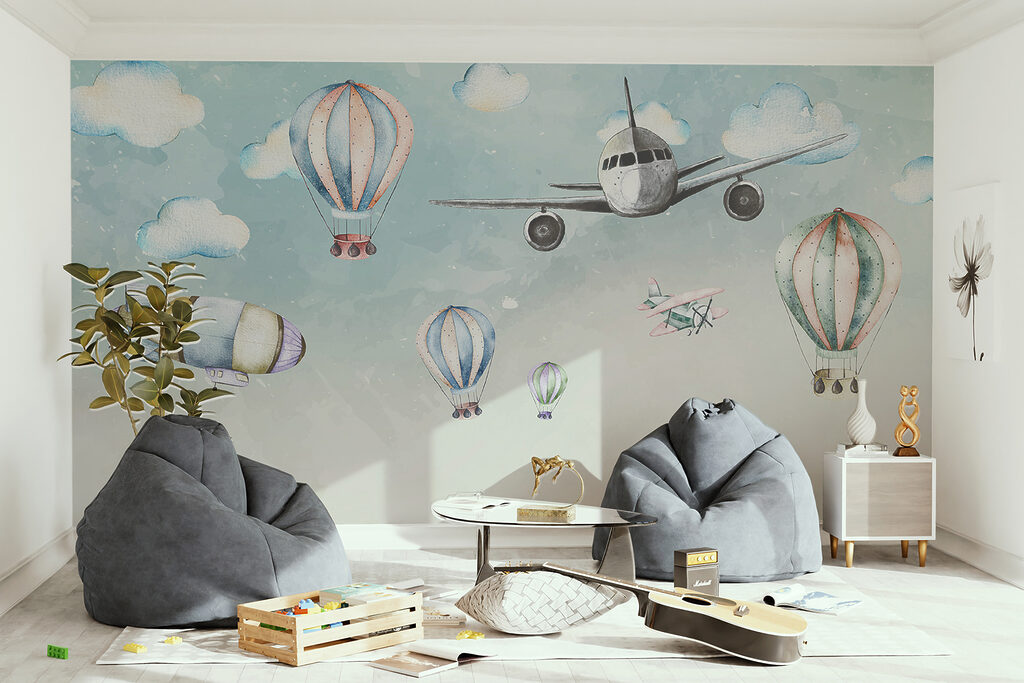 Avión entre globos pastel — interior 3