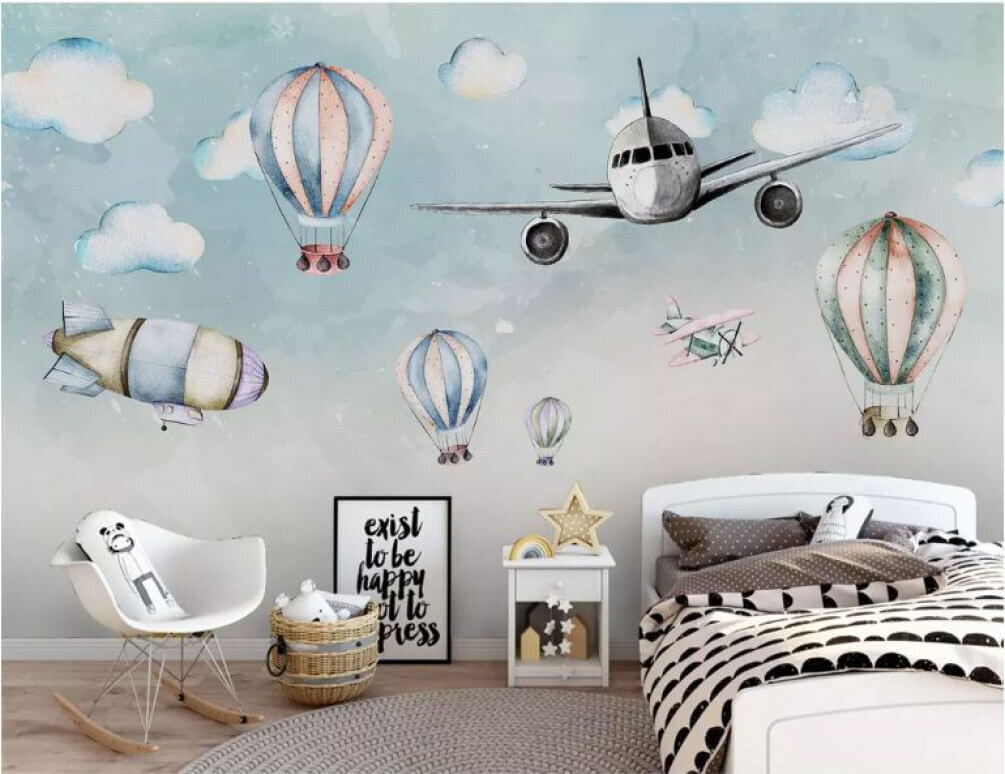 Avión entre globos pastel — interior 1