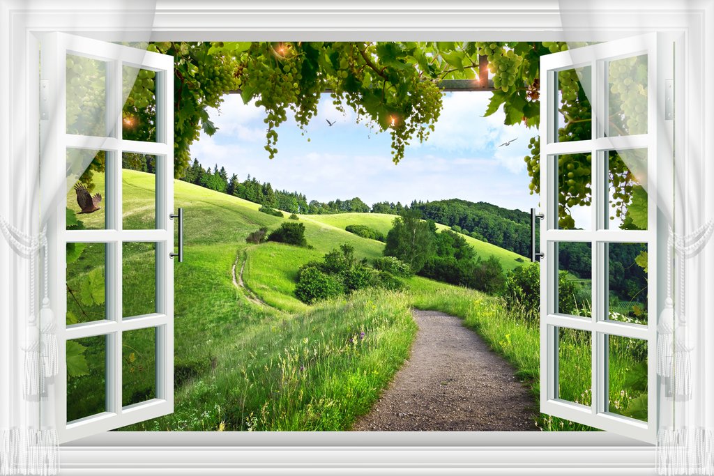 Ventana a colinas verdes — diseño completo