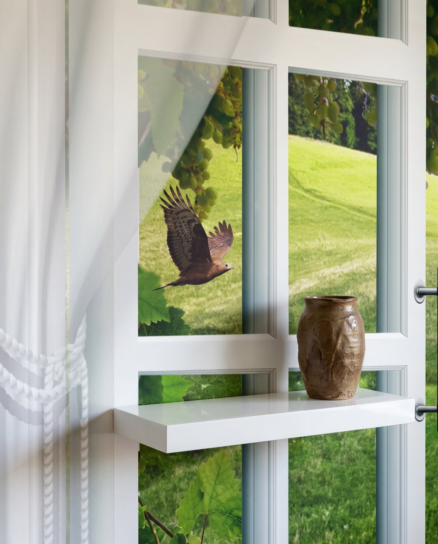 Ventana a colinas verdes — detalle