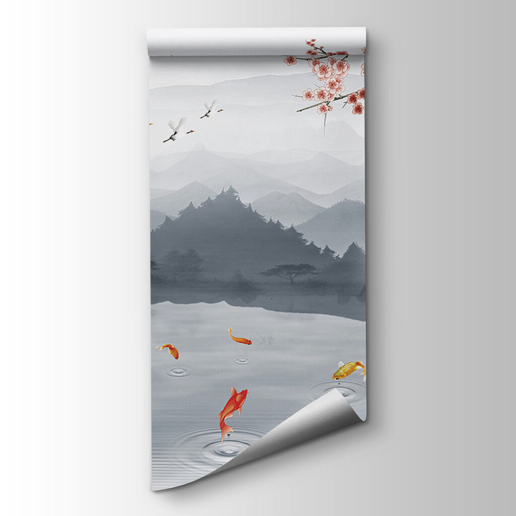 Carpas koi bajo montañas — vista del producto