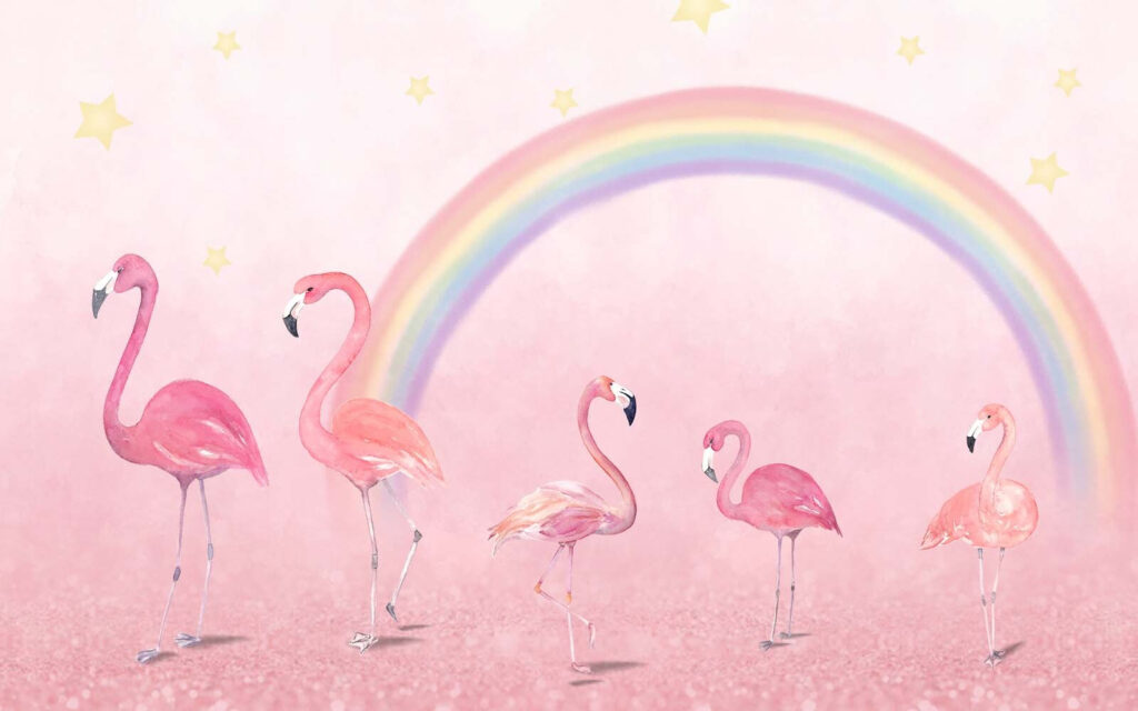 Flamencos bajo un arcoíris — diseño completo