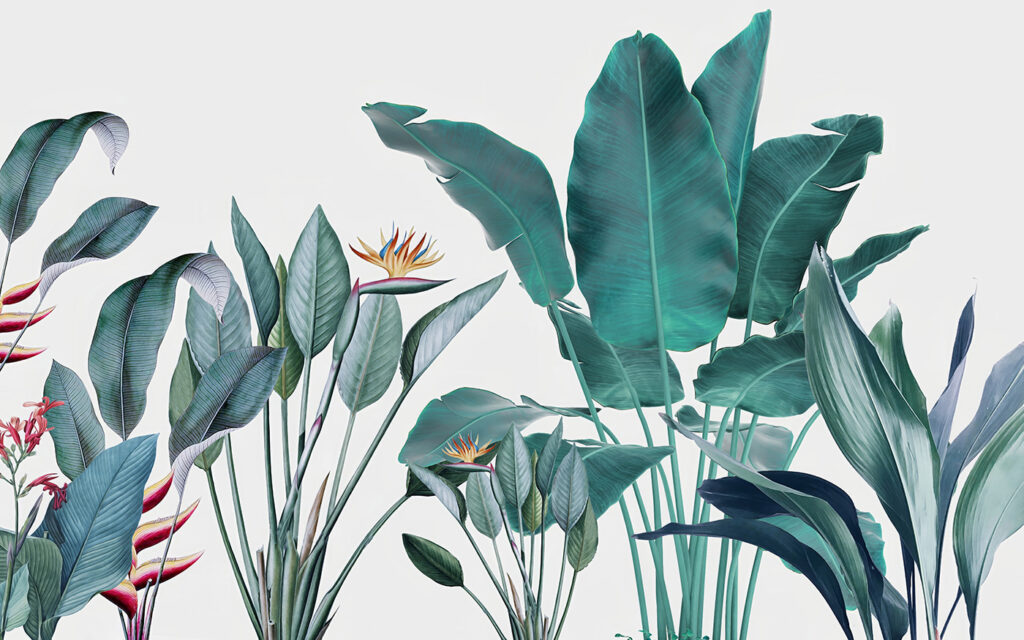 Hojas tropicales sobre blanco — diseño completo