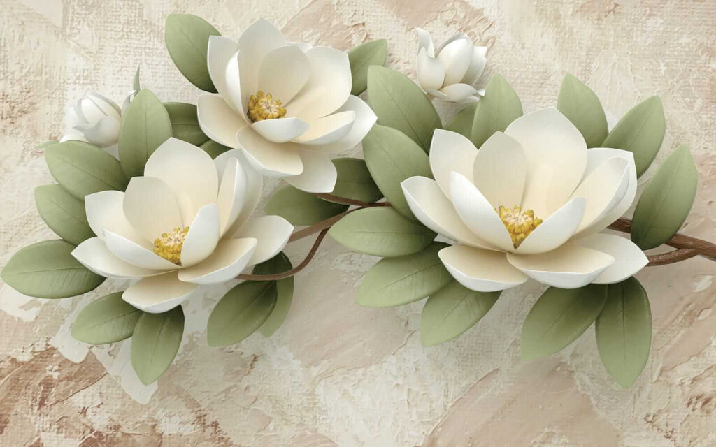 Magnolia blanca sobre beige — diseño completo