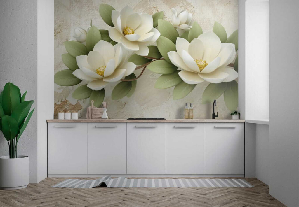 Magnolia blanca sobre beige — interior 2