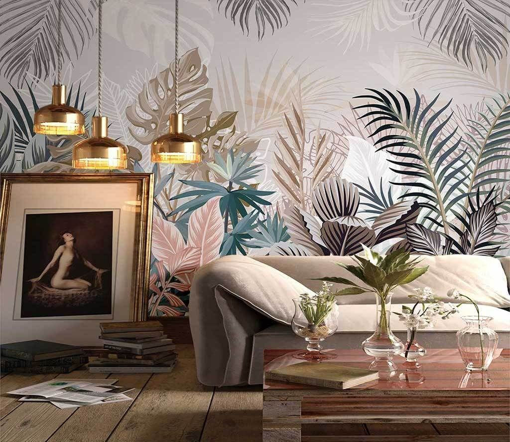 Hojas tropicales en pastel en un interior