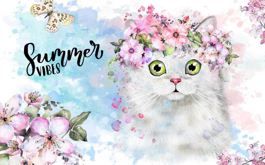 Gato con corona floral — diseño completo