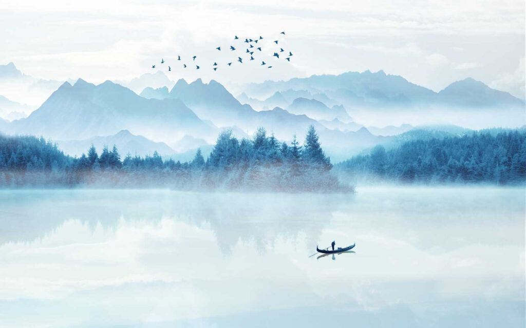 Barquita en lago azul — diseño completo