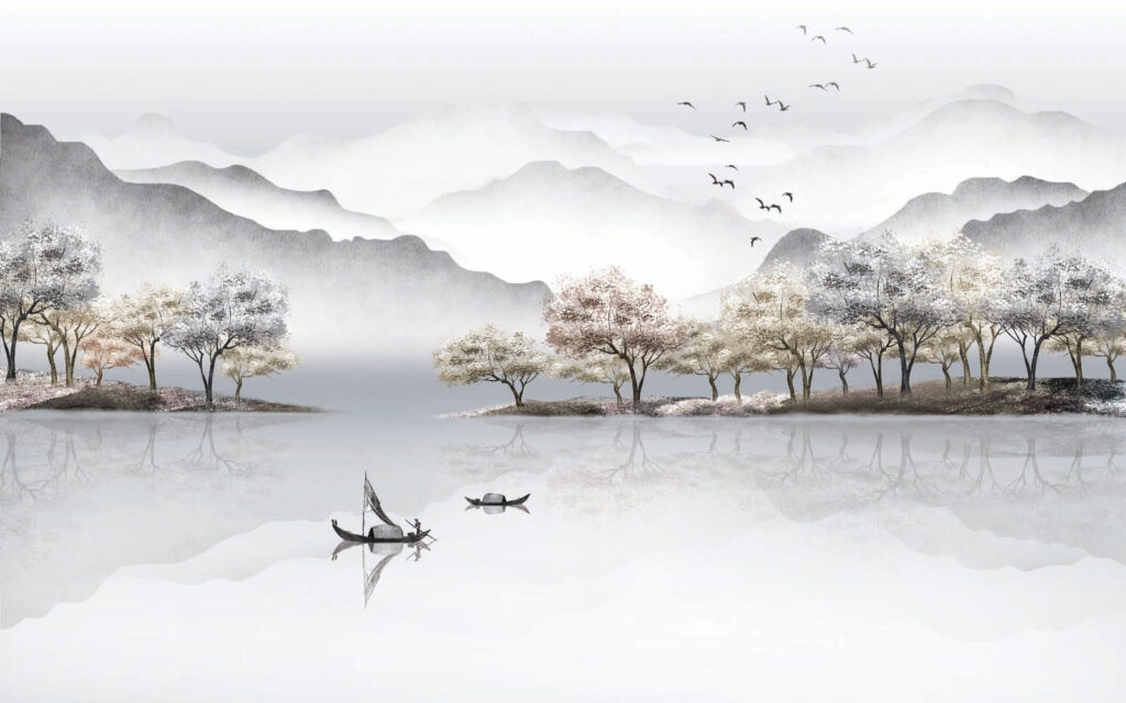 Barcas en lago brumoso — diseño completo