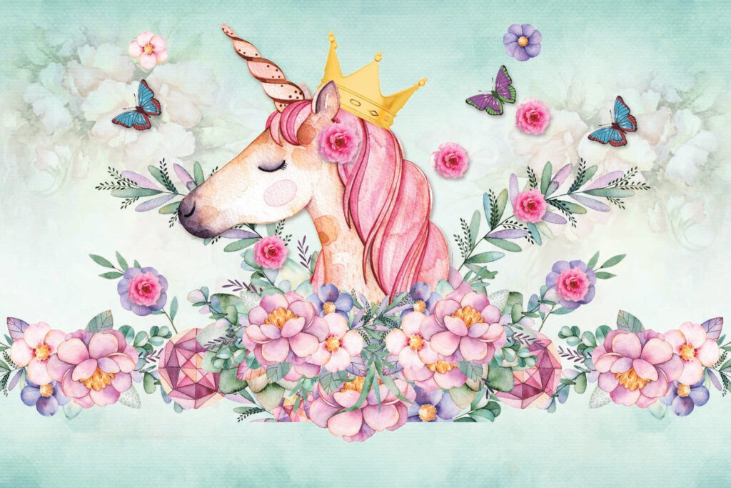 Unicornio con corona floral — diseño completo