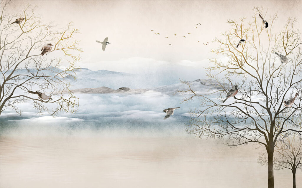 Aves entre ramas desnudas — diseño completo